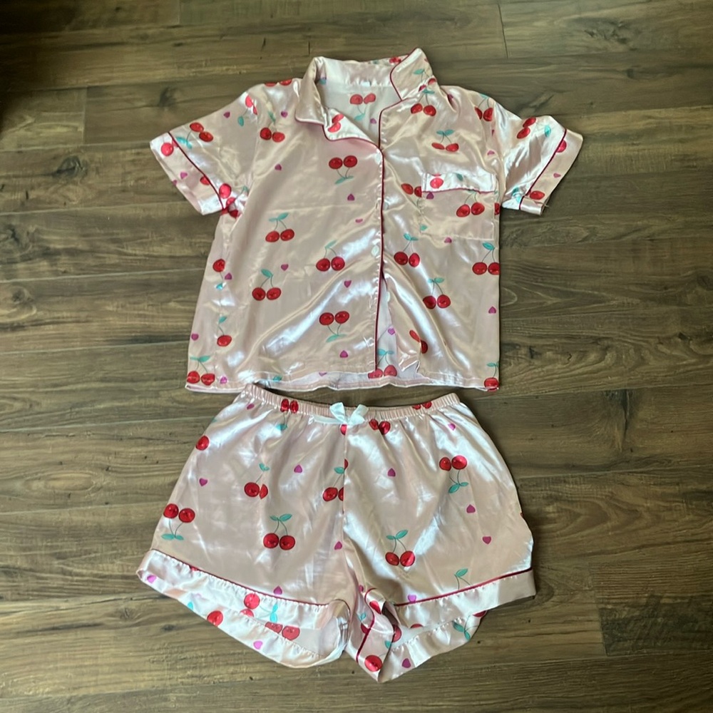 Unbranded Pink and Red Cherry Print Pajama Set with Button-Up Top Size M
